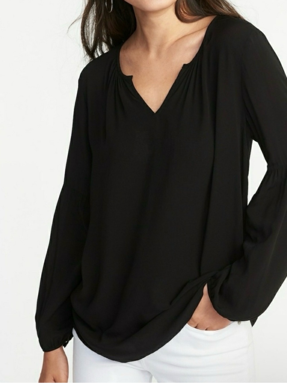 Old Navy Boho Puff Sleeve Satin Like Black Blouse